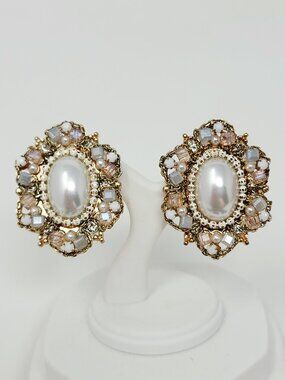 Vintage Faux Pearl Crystal Cluster Clip On Earrings